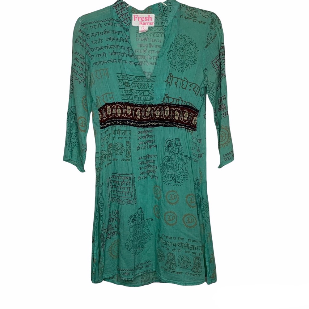 FRESH Karma Arabian Arabic Print Graphic Print Sheer Dress with Slits